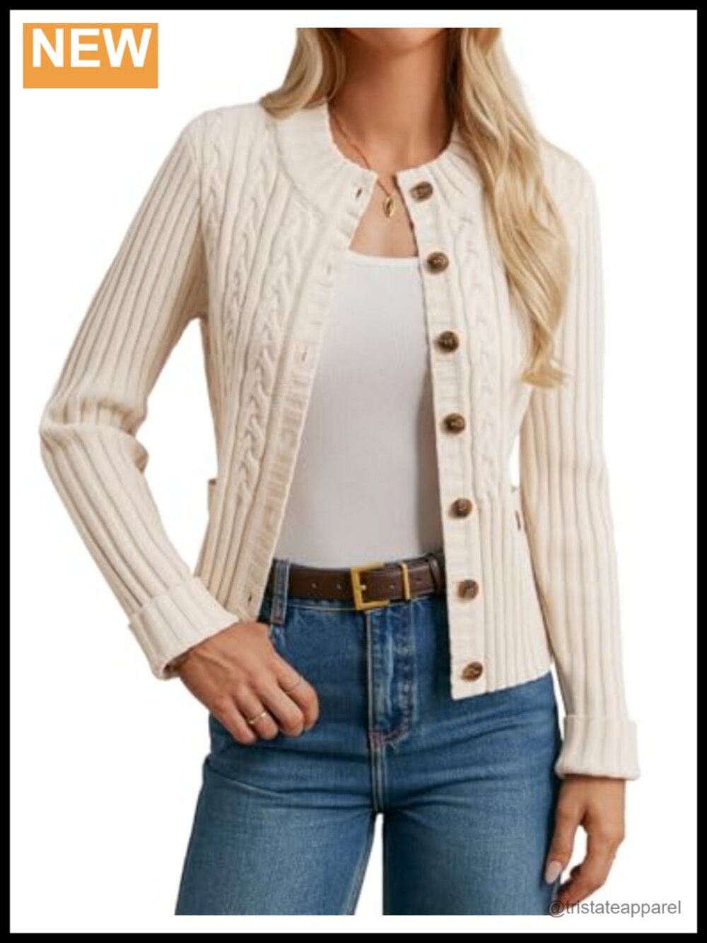 Women's Button Up Cable Knit Cropped Cardigan Chunky Winter Sweater
